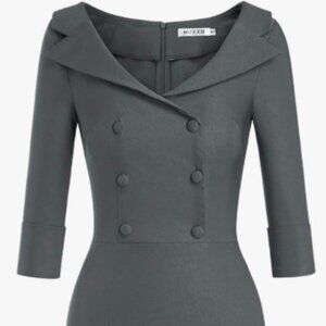 Gray Double-Breasted Midi Dress with 3/4 Sleeves